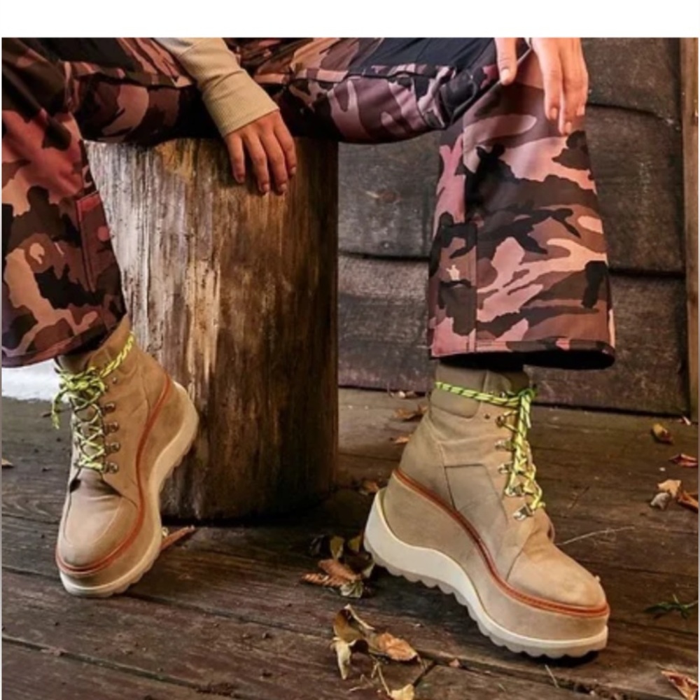 Free People Beige Lace-Up Platform Boots with Neon Laces